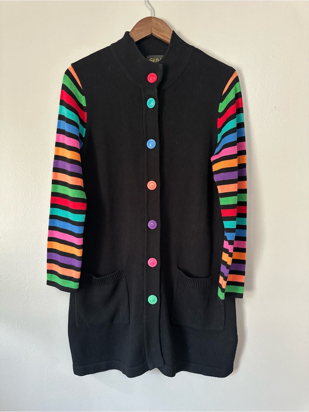 Bob Mackie Wearable Art Vintage Rainbow Striped Cardigan Sweater Coat - Size Sm